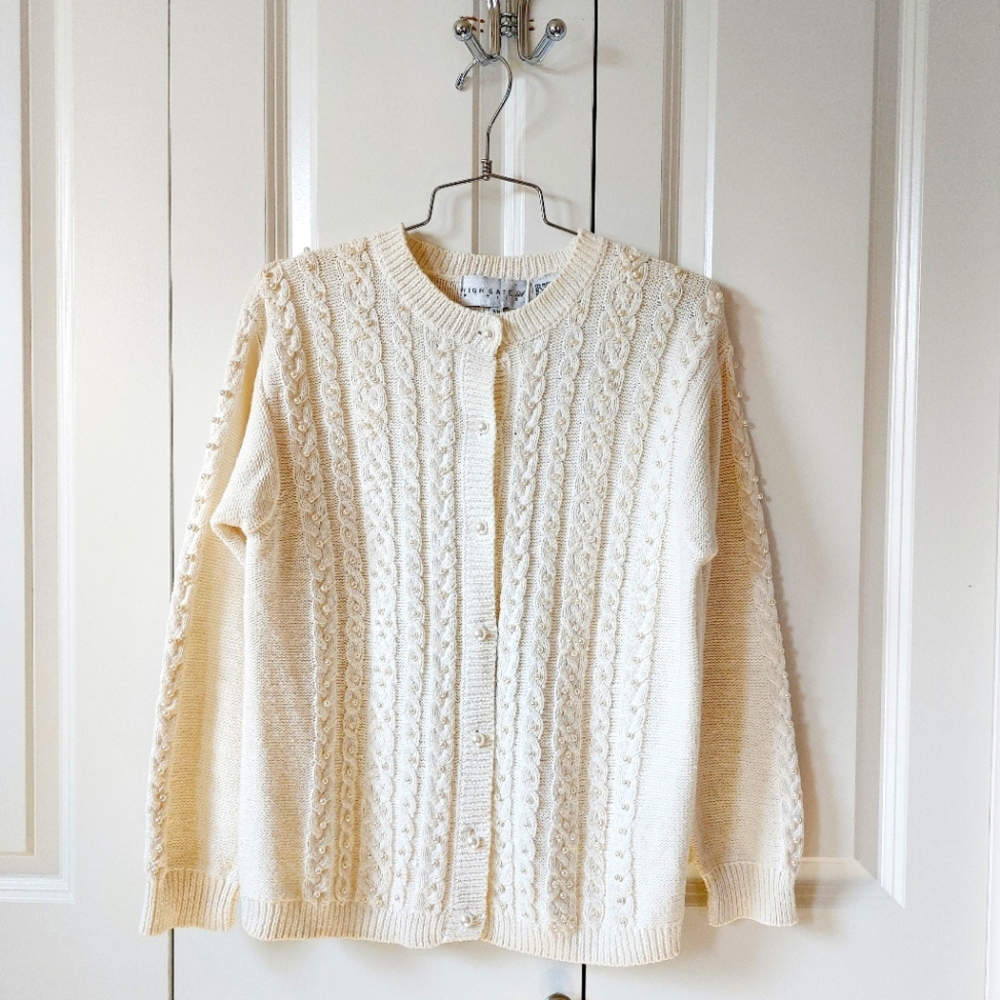 Pearl Beaded‎ Cream Cableknit Cardigan Sweater Petite Medium High Gate Christmas